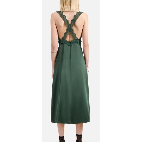The Kooples Silk $500 Green Satin & Lace Midi Slip Dress Cut Out Small - Picture 2 of 8